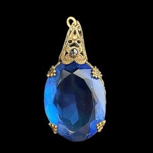 Vintage Art Deco Filigree Blue Glass Pendant Charm